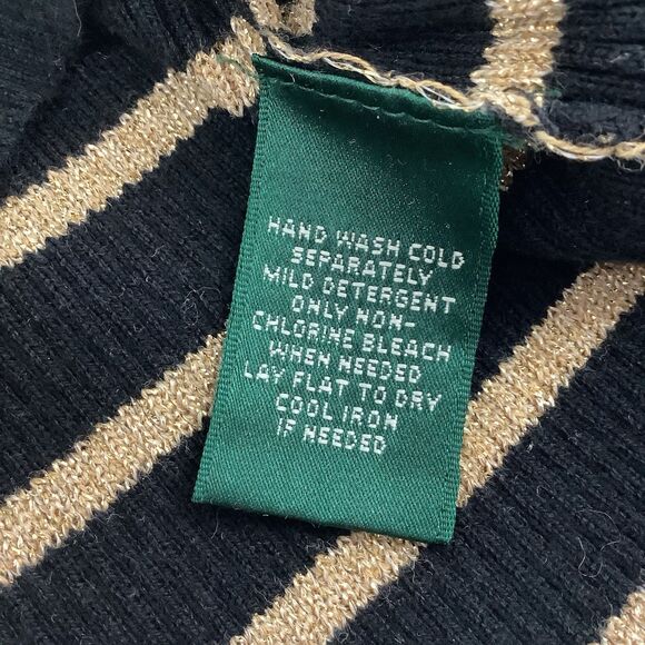 Ralph Lauren Black Gold Striped Turtleneck Sweater Top Ribbed Knit Women Size M - Picture 9 of 13